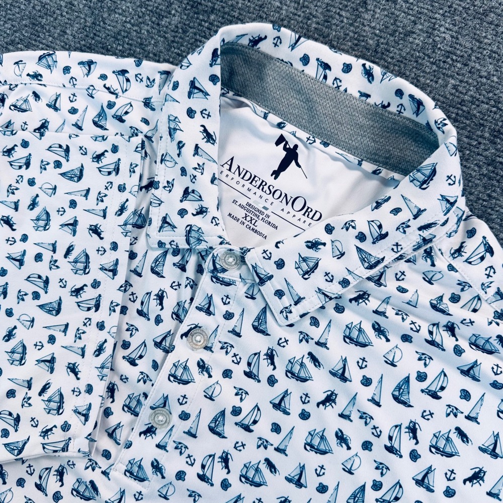AndersonOrd Men's 2XL White Blue Nautical Sailboat Performance Golf Polo‎ Shirt